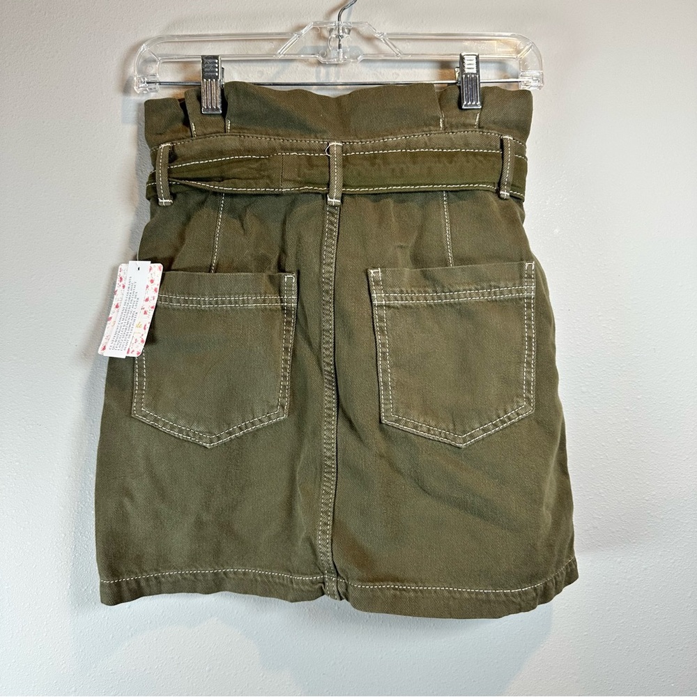 Free People Army Olive Green Paperbag Waist Belt Tie Boho Mini Skirt Pockets - Picture 4 of 11